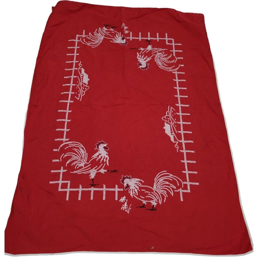 Handcrafted Tablecloth Red Linen White Cross Stitch Roosters Farms Fences 35x48